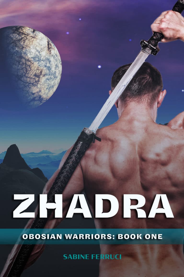 Book cover featuring the back of a shirtless man drawing a sword from behind on an alien planet